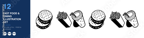 Fast Food & Dining Illustration Set, Featuring Burgers, Fries, and Beverages Featuring Burger, Beverage