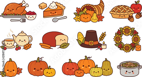 Collection of festive thanksgiving holiday icons featuring traditional autumn harvest symbols and seasonal decorative elements for graphic design