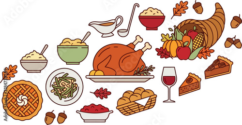 Collection of festive thanksgiving holiday icons featuring traditional autumn harvest symbols and seasonal food elements for design projects