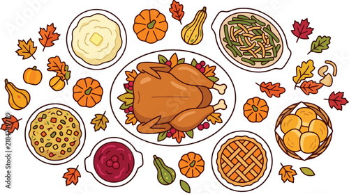 Cute kawaii thanksgiving illustration featuring adorable holiday characters and festive seasonal elements for autumn celebration designs