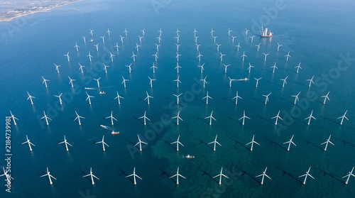 Aerial View of Offshore Wind Farm in Ocean