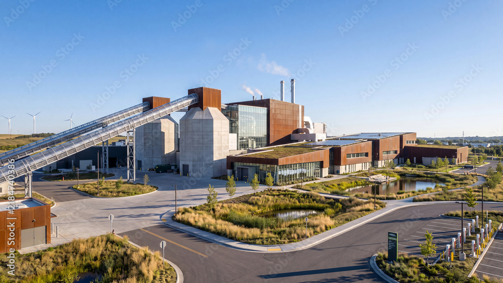 Fototapeta premium Modern biomass power plant with conveyor, silos and green roof buildings near wind turbines. Renewable bioenergy facility with sustainable architecture and clean electricity generation for future