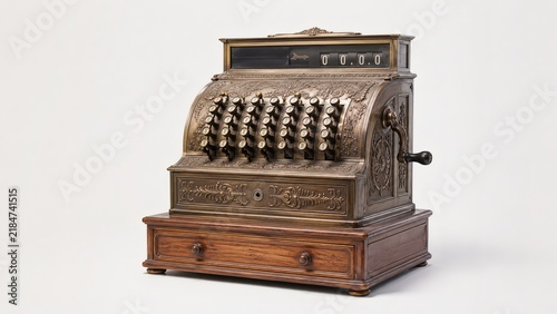 Antique cash register on white background