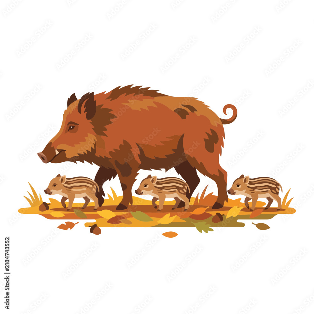 Obraz premium Vector illustration of a wild boar sow walking with three striped piglets on autumn leaves and acorns, side view profile of a wild pig family in the forest on white background.