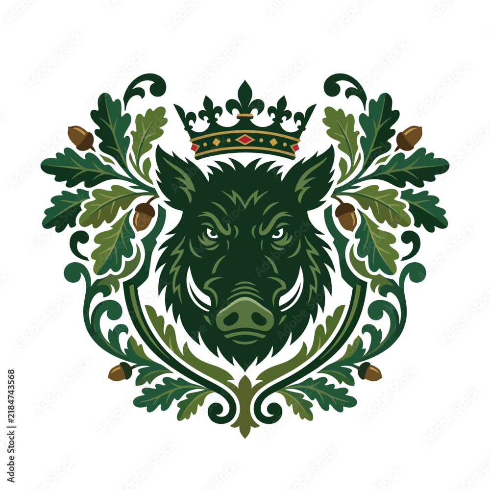 Fototapeta premium Symmetrical heraldic wild boar crest illustration featuring a dark green boar head with white tusks, wearing a regal crown, surrounded by oak leaves, acorns, and ornate scrollwork designs.