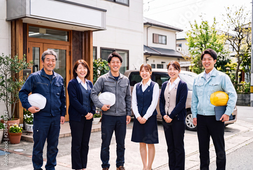 リフォーム会社の前で笑顔を見せる日本人スタッフ