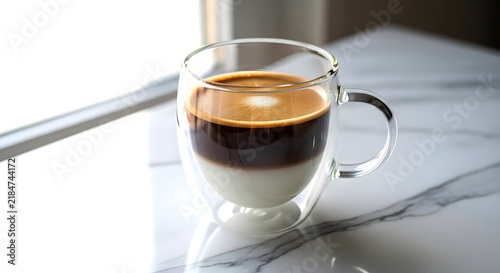 Double-walled glass mug holding a layered coffee latte on a white marble surface