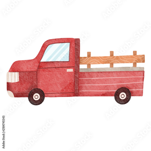 Watercolor Autumn Red Pickup Truck