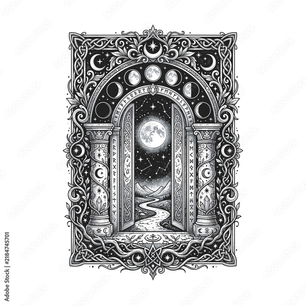 Fototapeta premium Celestial portal tattoo with moon phases, runes, stars, open mystical doors, mountains, and a winding river, creating an ornate blackwork design inspired by mystery, journey, and cosmic symbolism