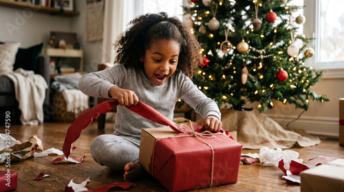Child opening a Christmas present on living room floor, joyful holiday surprise at home near decorated tree