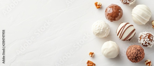 Assorted delicious chocolate truffles, white and dark varieties, with sprinkles and nuts on light textured surface. Sweet gourmet desserts.