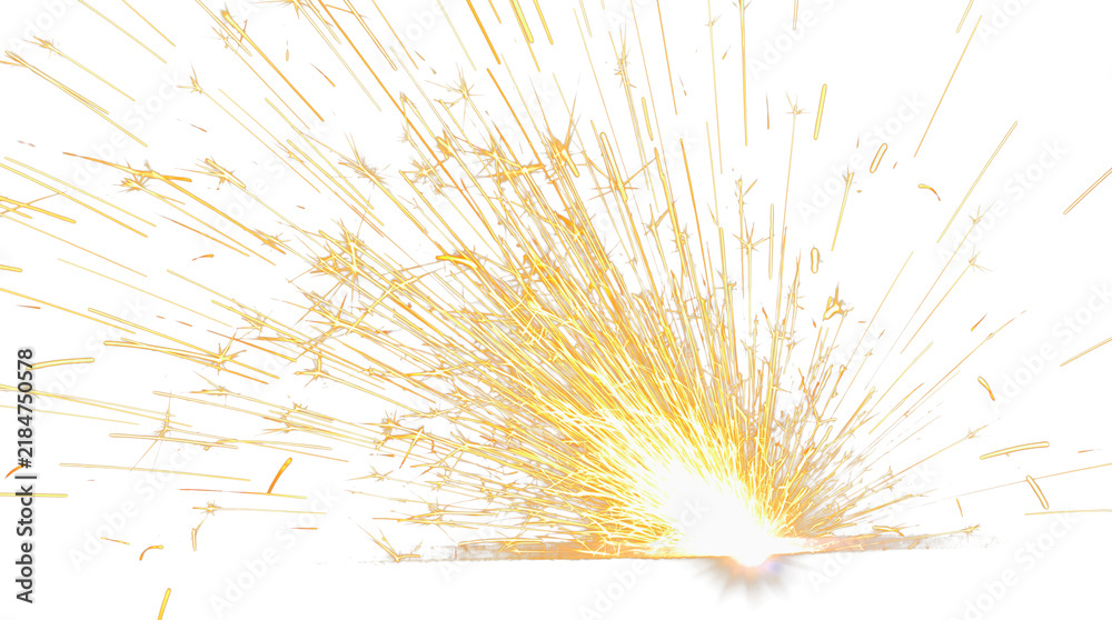 Obraz premium Golden sparks explosion effect with bright light rays and glowing particles, isolated on transparent background for video overlay, motion graphics, and celebratory design