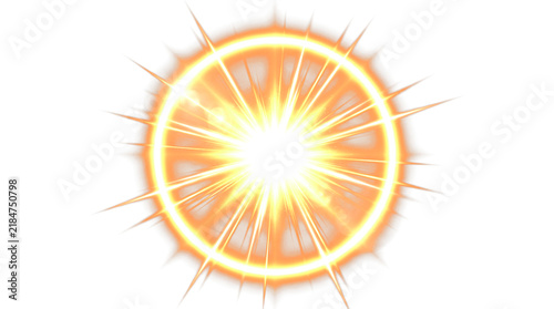 Vibrant orange light burst explosion effect with glowing ring and radial starburst rays, isolated on transparent background for game UI, video overlay, and digital media design