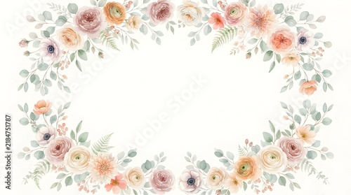 Delicate watercolor floral frame with roses and leaves creating a beautiful border for invitations or designs