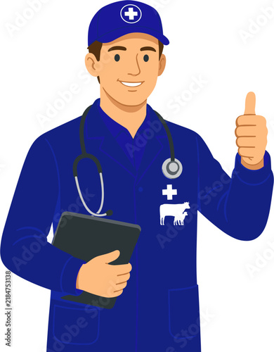 Veterinary doctor smiling giving thumbs up in a blue uniform with a stethoscope on a white background
