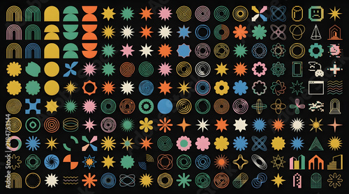 Set of various geometric and abstract star symbols on dark background