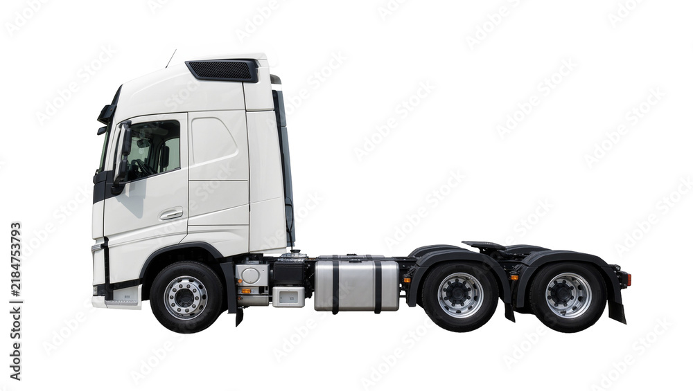 Obraz premium White semi-trailer truck cab with multiple wheels and fuel tank, isolated on transparent background