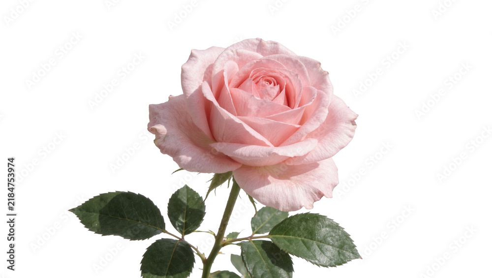 Fototapeta premium Delicate pink rose with green leaves, isolated on transparent background