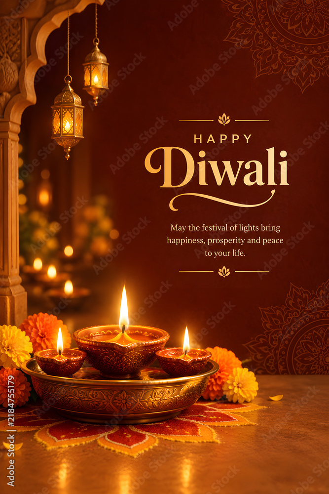 Obraz premium Festive Concept with Diwali Lamps and Marigold Flowers – Festival of Lights, Celebration, Hinduism, Religion, Culture, Tradition, Spirituality, Prosperity 