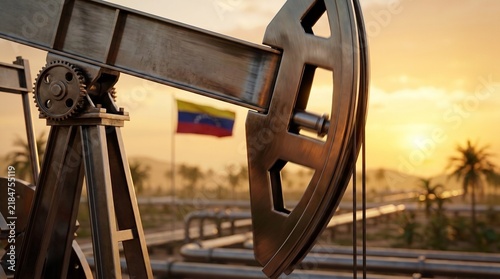 Pumpjack mechanism in oil field with Venezuelan flag and sunset, showcasing industrial equipment and surrounding landscape. Concept of crude oil geopolitics, resource dependence