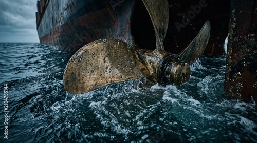 Ship propeller submerged in seawater with visible splashes and dark hull of the vessel in the background. Concept of maritime security and supply chain disruption