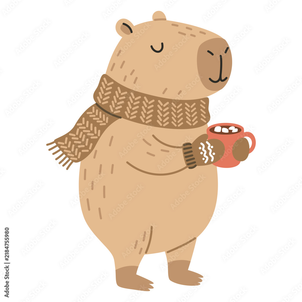 Obraz premium Cute flat vector illustration of an adorable capybara wearing a cozy knitted scarf and holding a warm mug of hot chocolate. Winter character for childrens designs, stickers and clipart. Vector