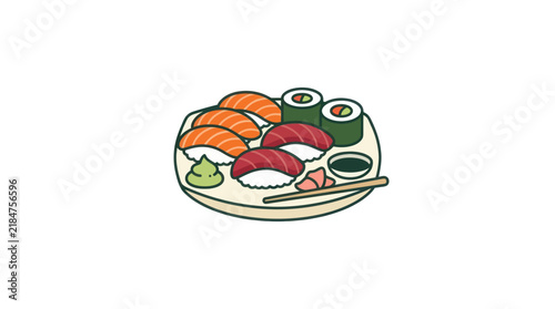 Small platter of assorted sushi and maki rolls.