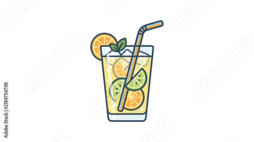 Tall glass of iced citrus drink with a straw.