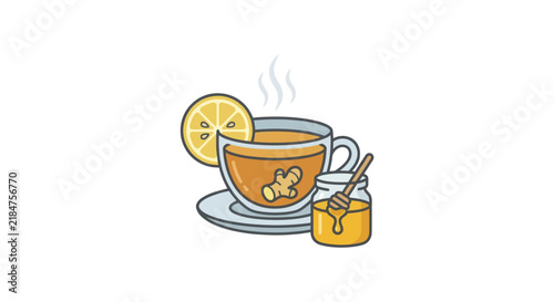 Tea cup with lemon and honey jar.