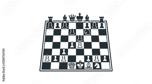 Top view of a chess set on a board.