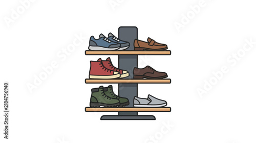 Vertical retail shoe stand with diverse footwear.