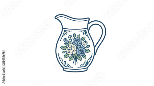 Vintage ceramic pitcher with blue floral design.