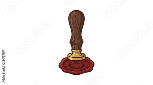 Wooden stamp pressing into red wax seal.