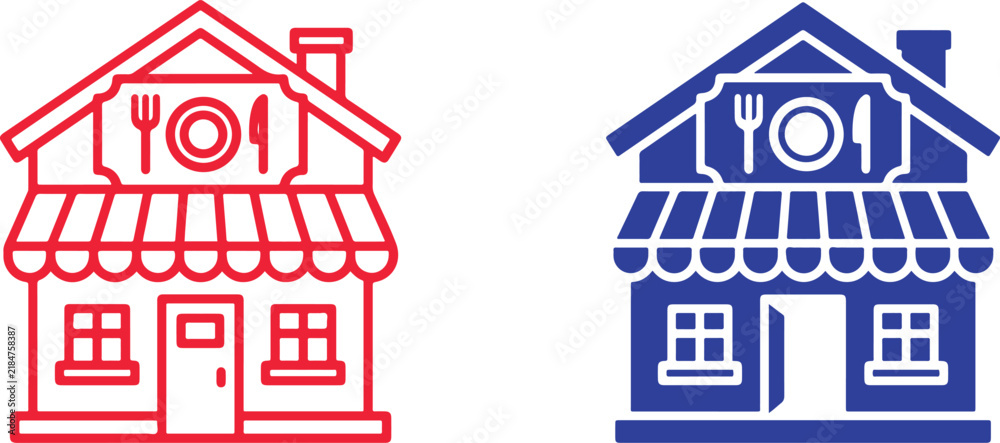Obraz premium Restaurant building icon set in outline and solid styles with cafe sign diner icon food establish