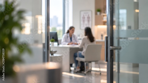 Blurred view of female doctor consulting patient in modern medical office through glass door