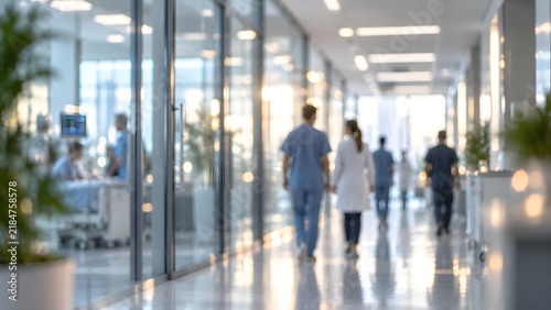 Blurred modern hospital corridor with doctors and nurses walking down the hall