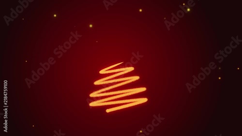 Glowing neon Christmas tree drawing animation with magic particles on red and dark background