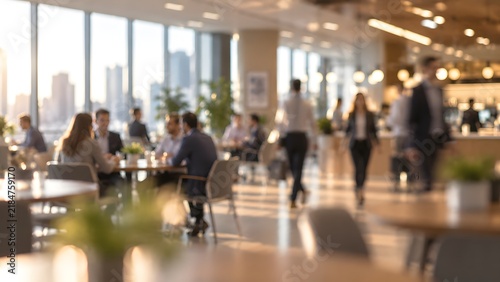 Blurred business professionals meeting in modern office cafeteria with city skyline background