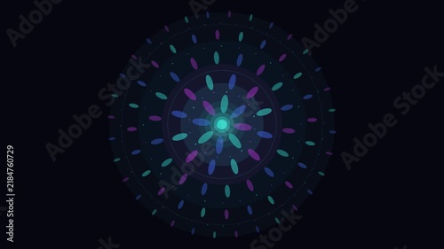 Spinning mandala loop with teal and purple petals, dark background