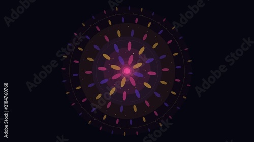 Colorful mandala petals orbit glowing pink center on black