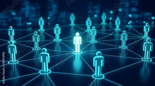 Glowing human figures connected by digital network lines representing global communication.