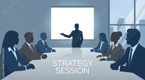Business team in a corporate strategy meeting with a presenter at a projection screen