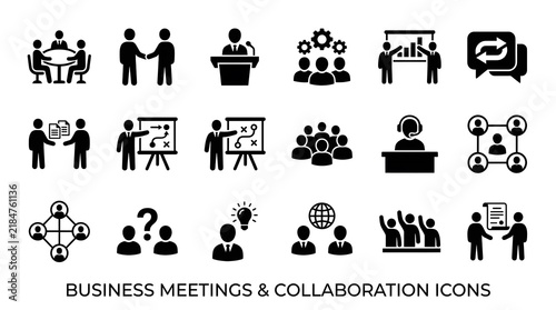 Set of business meeting and corporate collaboration icons for professional office projects.