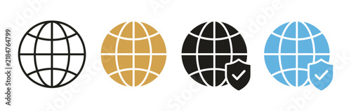 Global network icons with security shield and checkmark symbols globe icon checkmark sign internet connecti