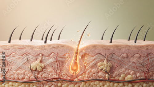 Human scalp cross section with glowing nourished hair root and plant nectar droplets, damage repair, hair restoration