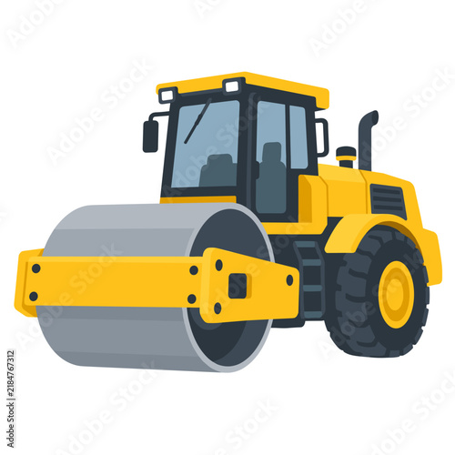 Yellow single-drum vibratory road roller with a large smooth steel compaction drum and rear rubber tires in a clean isolated technical construction illustration