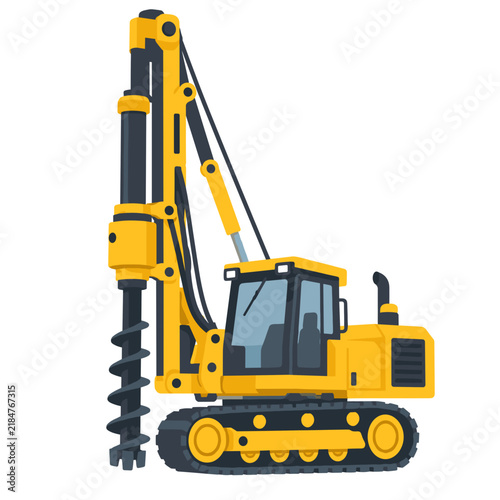 Yellow tracked rotary drilling rig with tall vertical mast and helical auger for bored pile foundations in a clean isolated technical construction illustration