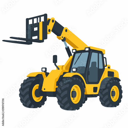 Yellow telescopic handler with raised pallet forks, extended hydraulic boom and large rough-terrain tires in a clean isolated technical construction illustration