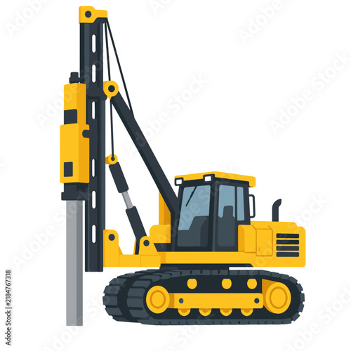 Yellow tracked pile driving rig with tall vertical leader mast, hydraulic supports and enclosed operator cabin in a clean isolated technical construction illustration