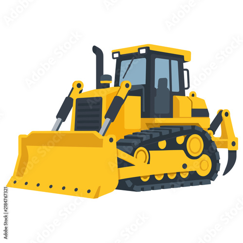 Yellow tracked bulldozer with wide front blade, enclosed operator cabin and rear ripper in a clean isolated technical construction illustration